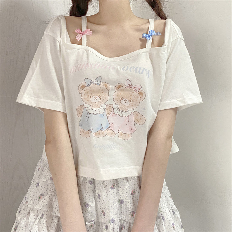 Off Shoulder Bear Print Short Sleeve T-Shirt    HA0636