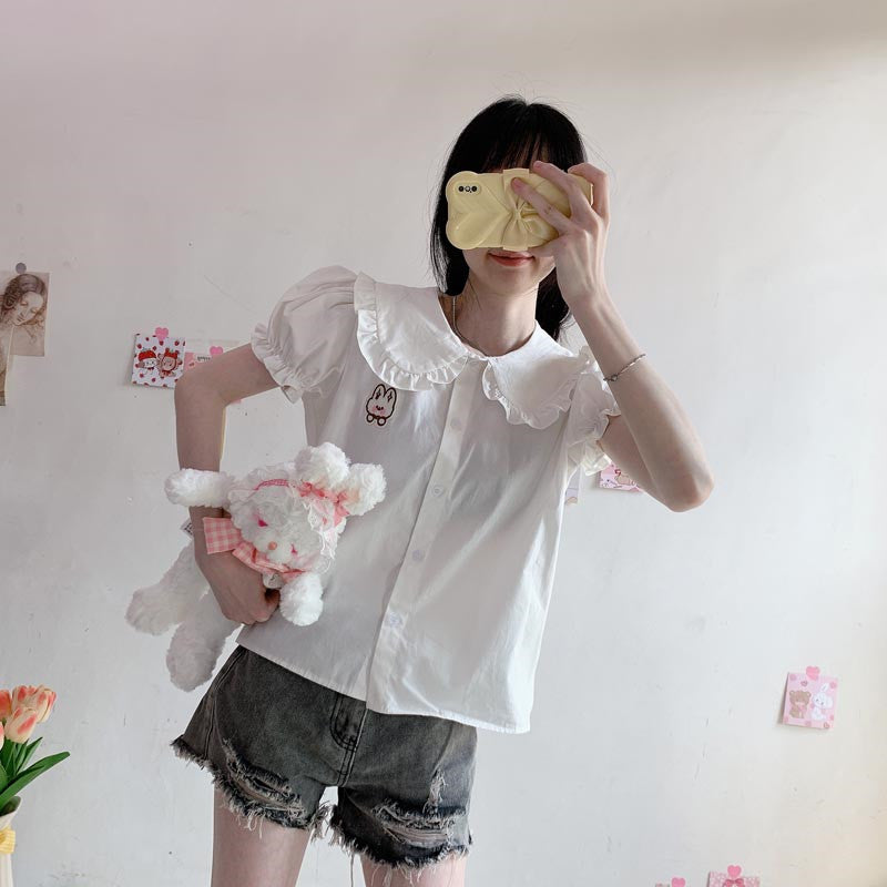 Puff Sleeve White Shirt Top    HA0748