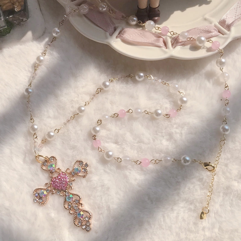 Pink Zircon Cross Necklace   HA1322