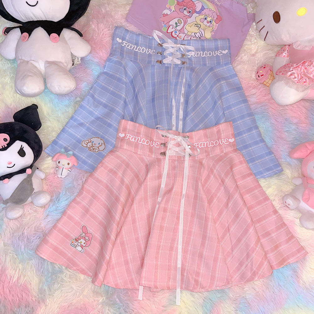 Cartoon Embroidered Sweet Plaid Skirt   HA1078