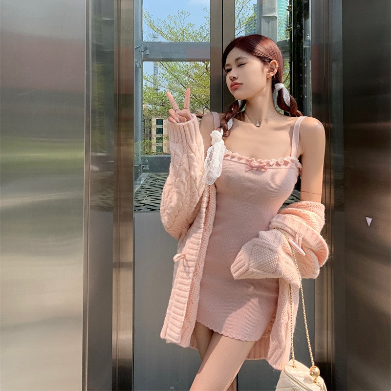 Pink Bow Knit Slip Dress HA1647