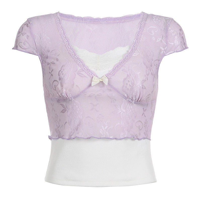 Paneled two-piece short-sleeve top T-shirt   HA1708
