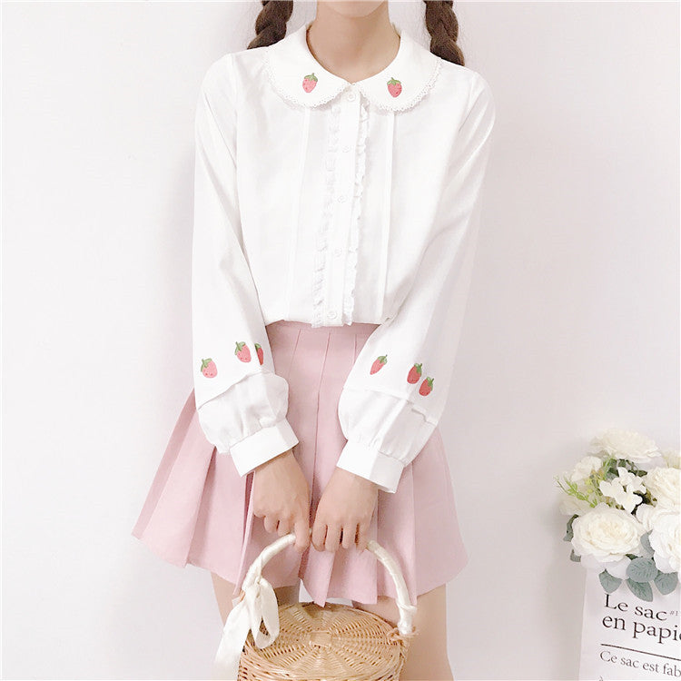 Strawberry Embroidered Long Sleeve Shirt   HA1143