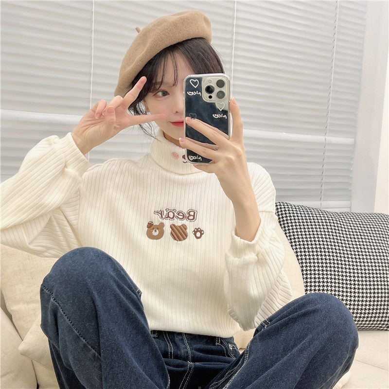 Fleece embroidered turtleneck T-shirt   HA1414