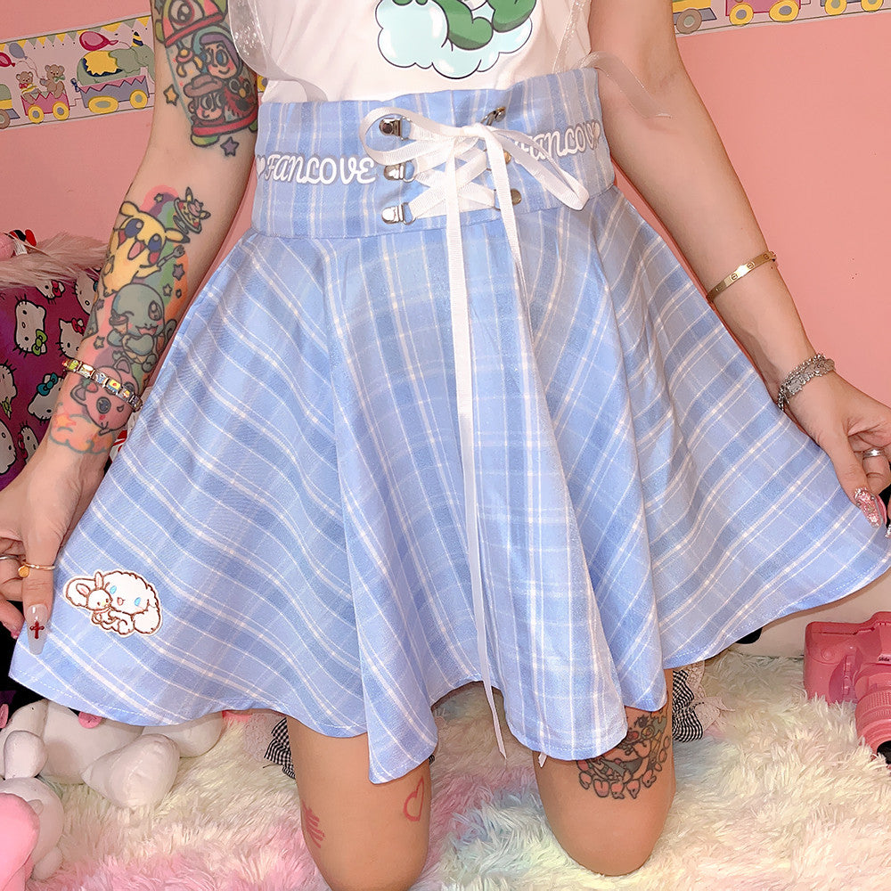 Cartoon Embroidered Sweet Plaid Skirt   HA1078