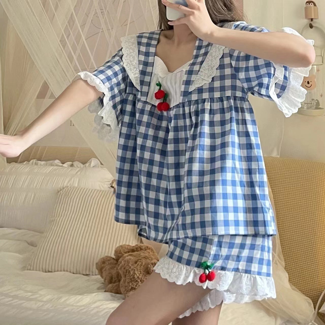 Sweet Square Neck Short Sleeve Dress Set   HA0543