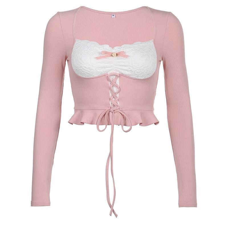 Ruffle Tie Long Sleeve T-Shirt   HA1272