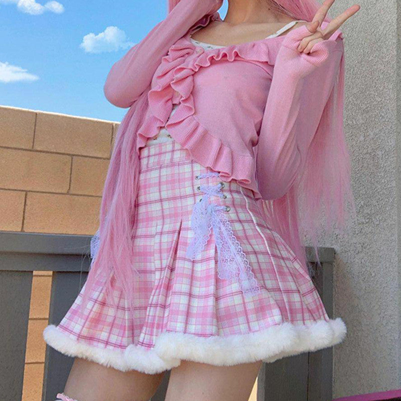 Pink Plaid Pleated Skirt  HA0319