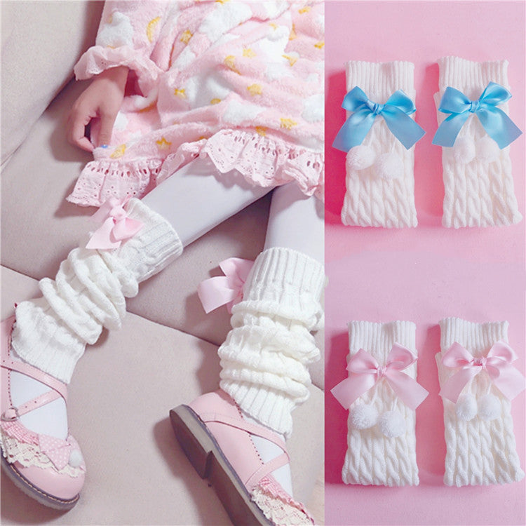 Knitted lolita furball bow socks  HA0734