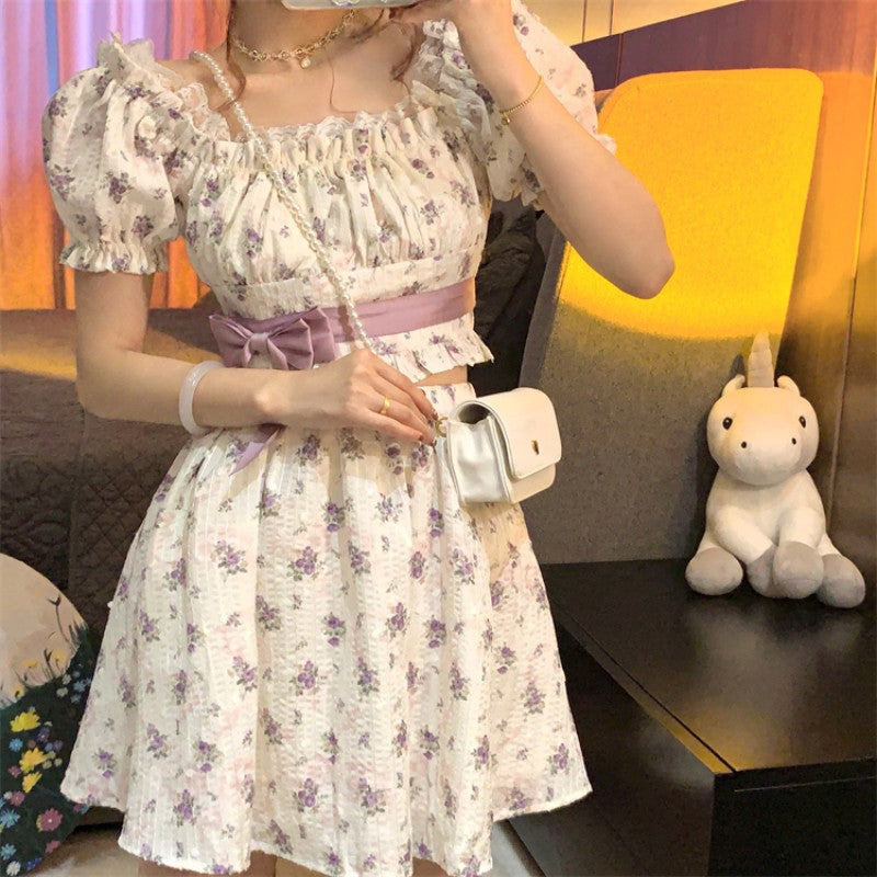 Purple Floral Top + High Waist Skirt Set  HA1613