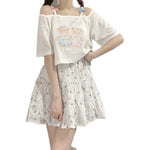 Off Shoulder Bear Print Short Sleeve T-Shirt    HA0636