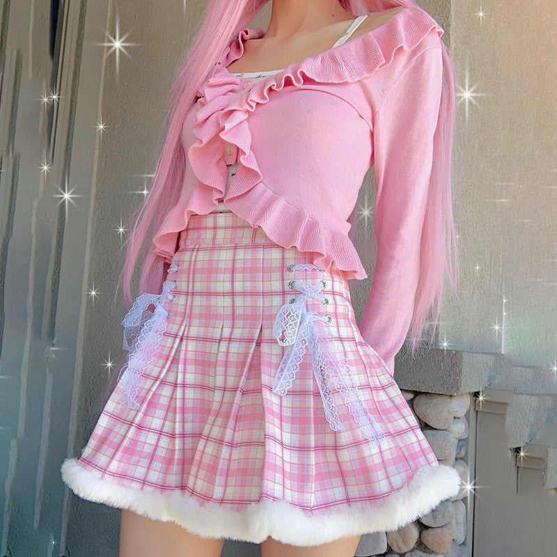 Pink Plaid Pleated Skirt  HA0319