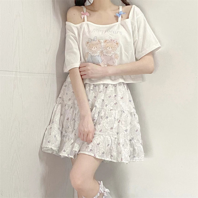 Off Shoulder Bear Print Short Sleeve T-Shirt    HA0636