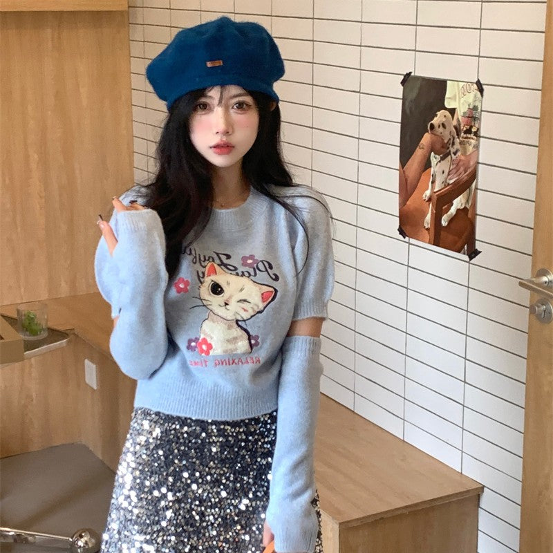 Puff Sleeve Cat Knit Top  HA1233