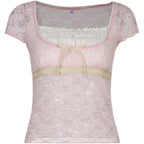 Lace Square Neck Short Sleeve Top   HA0342