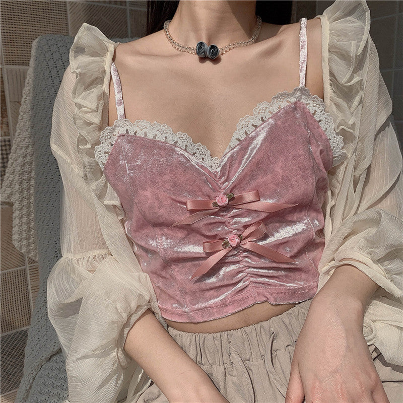 Pink Sweet Velvet Floral Camisole   HA0869