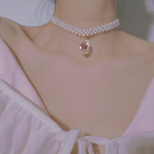 Pink Rhinestone Pearl Clavicle Chain  HA0843