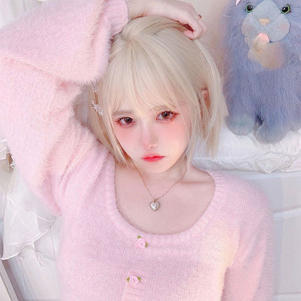 Cute platinum blonde short straight hair HA0415
