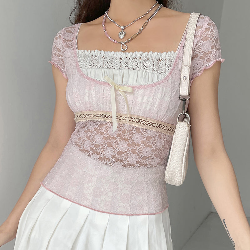 Lace Square Neck Short Sleeve Top   HA0342