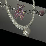 Pearl Heart Pink Bear Necklace   HA1227