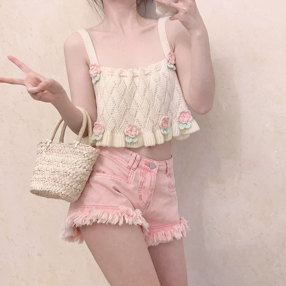 Flower Basket Beige Knit Tank Top  HA0421