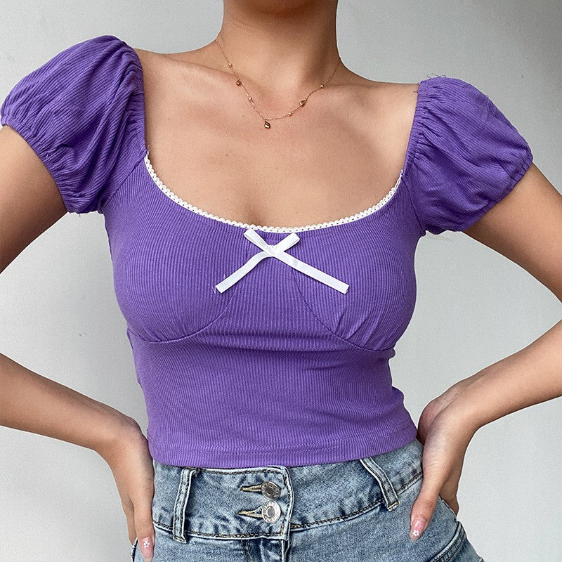 Lace bow short-sleeved T-shirt   HA1295