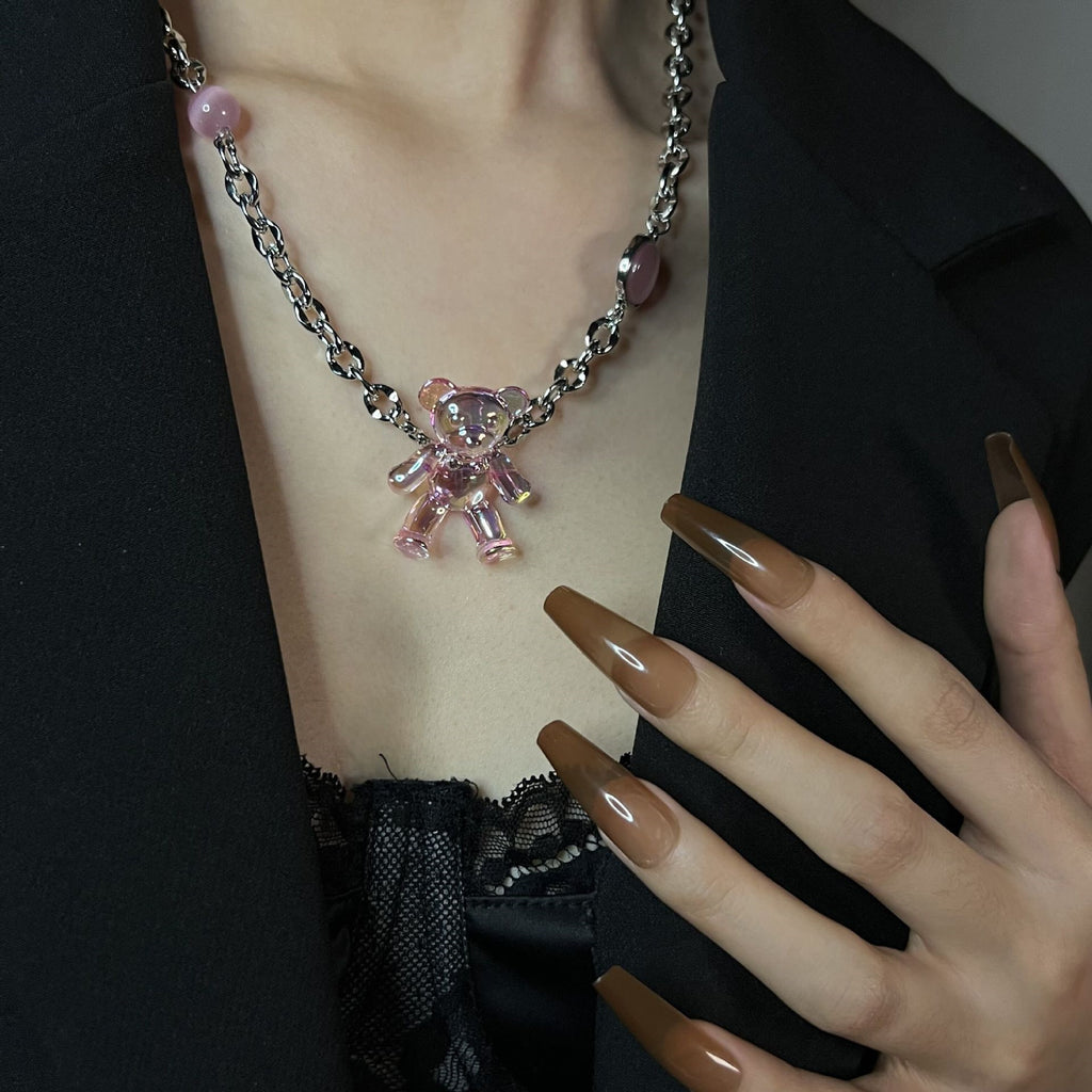 Pearl Heart Pink Bear Necklace   HA1227