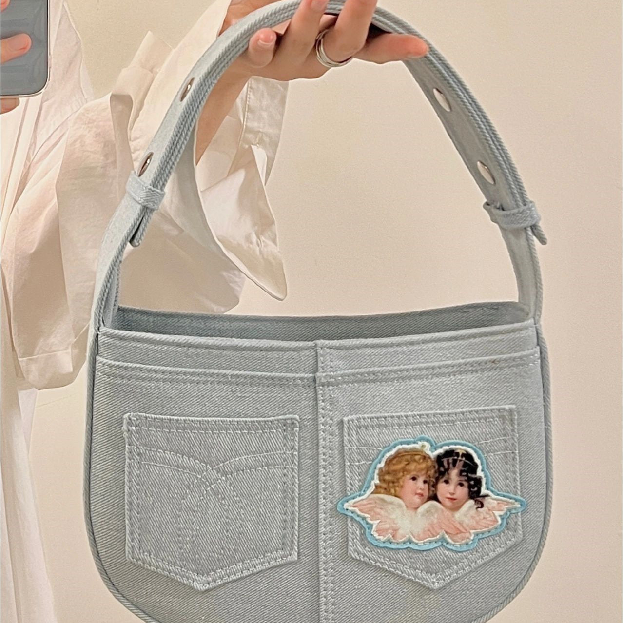 Angel Embroidered Denim Tote   HA1135