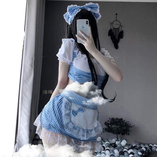 Lace Blue Grid Maid Dress    HA0338