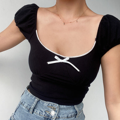 Lace bow short-sleeved T-shirt   HA1295