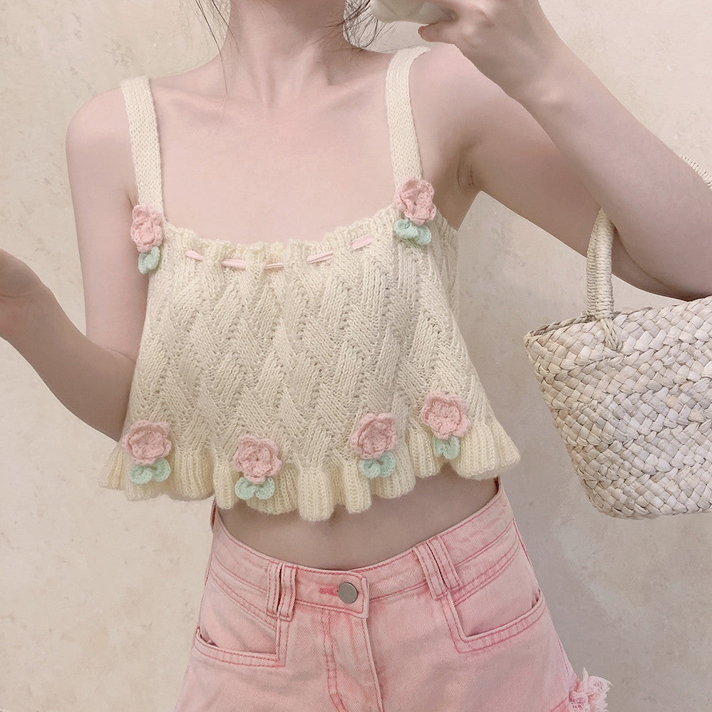 Flower Basket Beige Knit Tank Top  HA0421