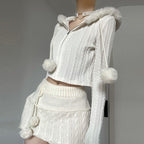 Twist-textured fur-paneled hooded sweater   HA1552