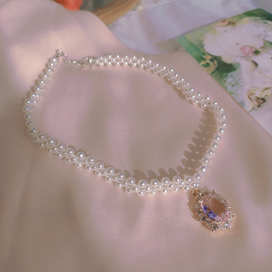 Pink Rhinestone Pearl Clavicle Chain  HA0843