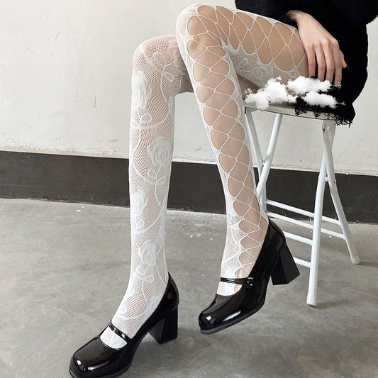 White Rose Cutout Fishnet Stockings HA1609