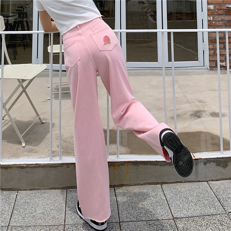 Pink Embroidered Denim Trousers   HA1451