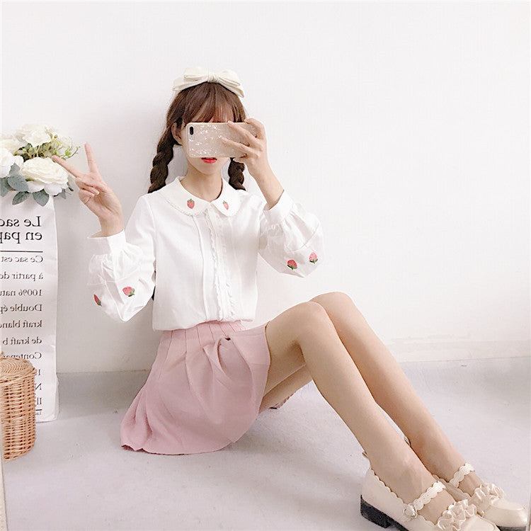 Strawberry Embroidered Long Sleeve Shirt   HA1143