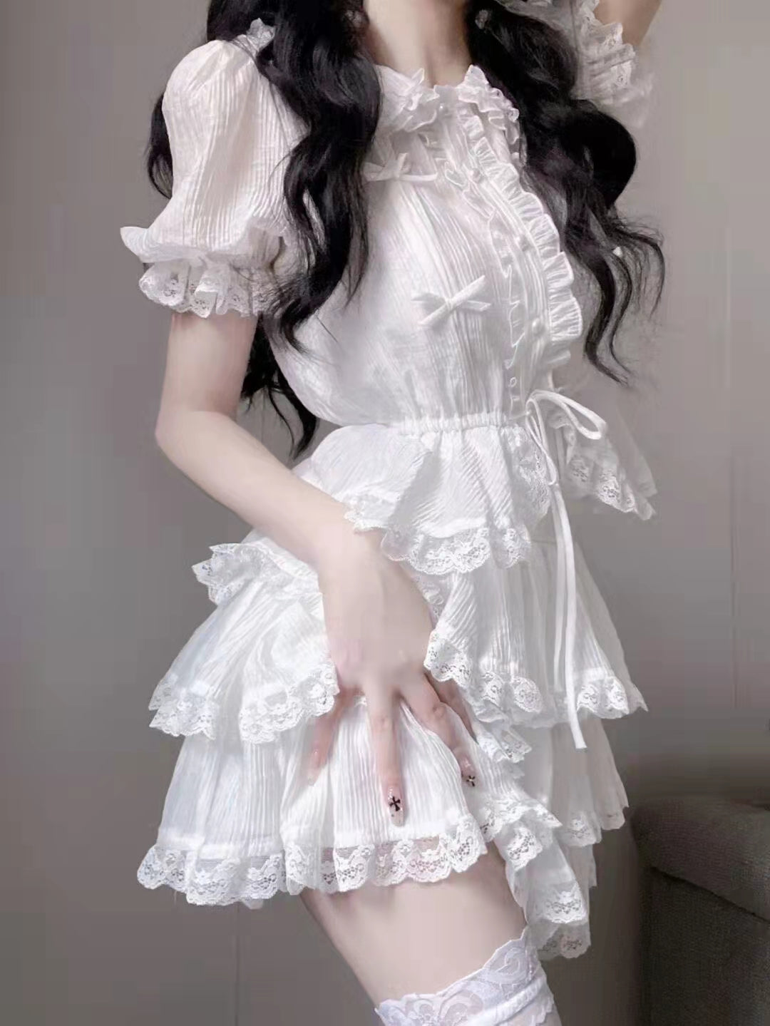 White doll collar shirt+lace lace cake skirt two -piece suit   HA1097