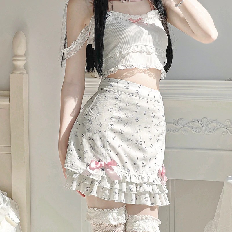 Sweet Ruffled Bow Floral Skirt  HA0622