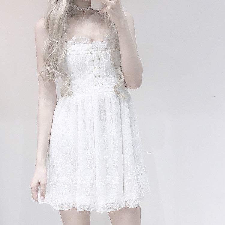 Cute white lace bow dress   HA0399