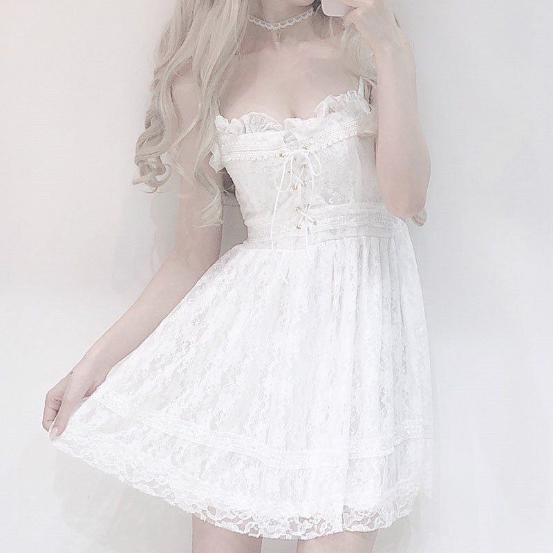 Cute white lace bow dress   HA0399