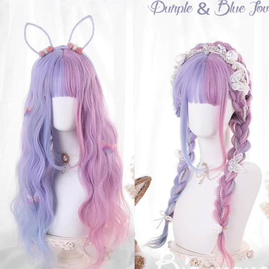 Half blue half purple long curly wig  HA0797